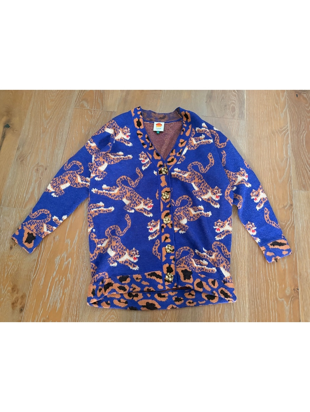 FARM Rio Purple Tiger Print Cardigan Gold Buttons Cozy XS